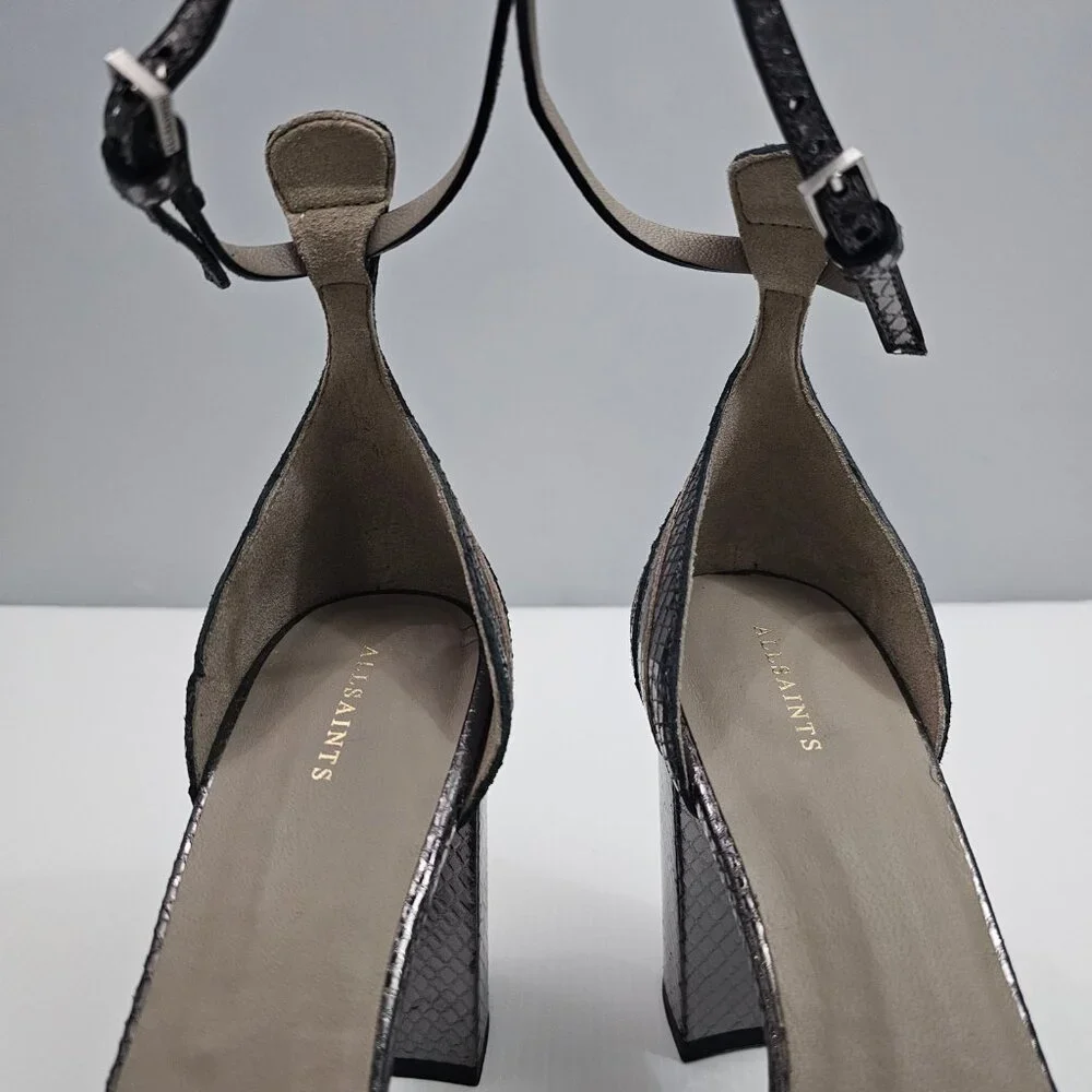 AllSaints Tia Platform Heel Sandal Womens 10 Metallic Bronze Gold Gray Embossed - Picture 9 of 16